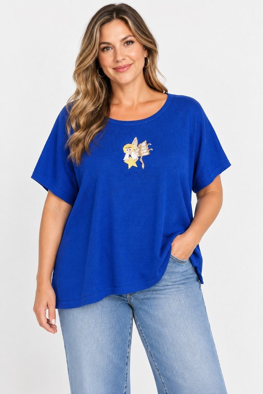 Quacker Factory Blue Embroidered Angel Cotton Blend Top Sweater 3X